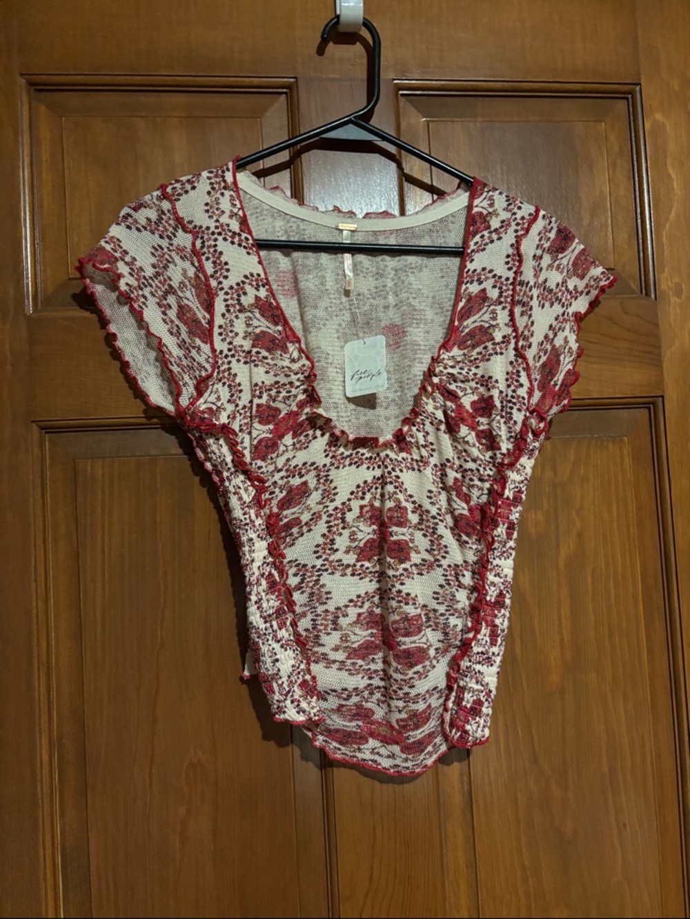 Free People Cream Top with Red Floral Print